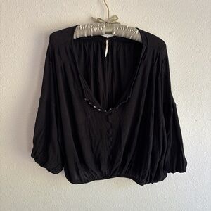 Free People Black Peasant Blouse with Button-Detail V-Neck